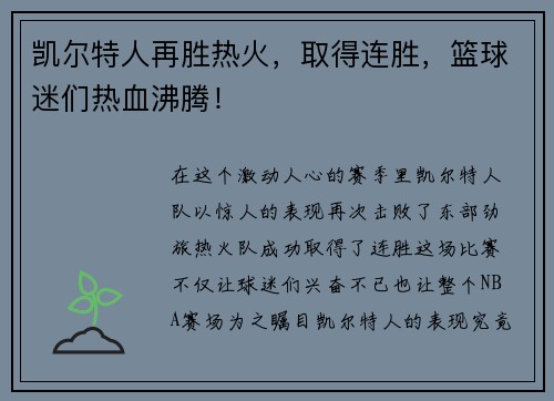 凯尔特人再胜热火，取得连胜，篮球迷们热血沸腾！